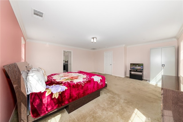 bedroom featuring light carpet and crown molding