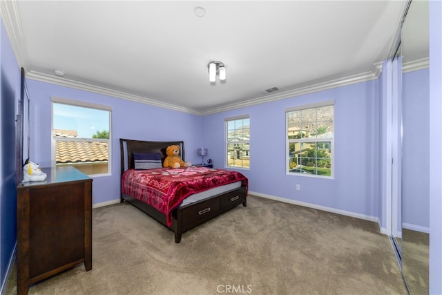 bedroom with light carpet and ornamental molding