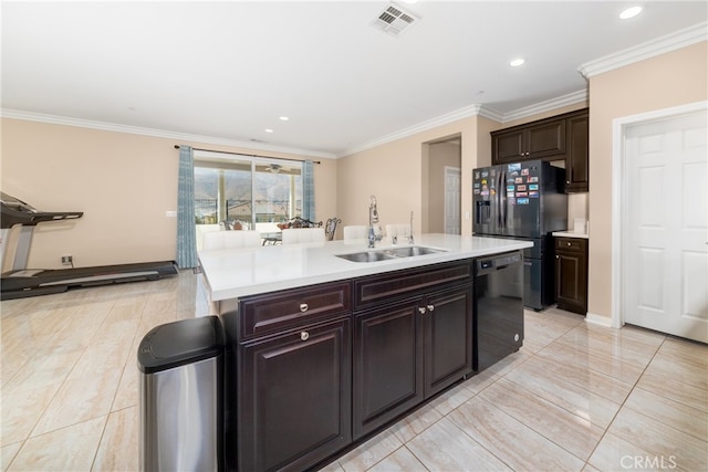 kitchen with a kitchen island with sink, black dishwasher, dark brown cabinetry, ornamental molding, and sink