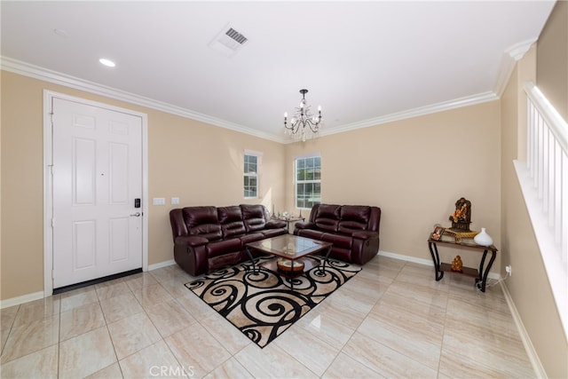 tiled living room featuring crown molding and an inviting chandelier