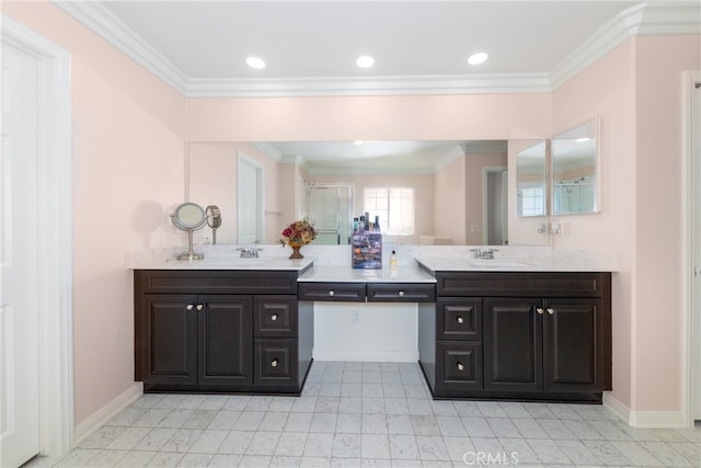 bathroom with ornamental molding, walk in shower, and vanity