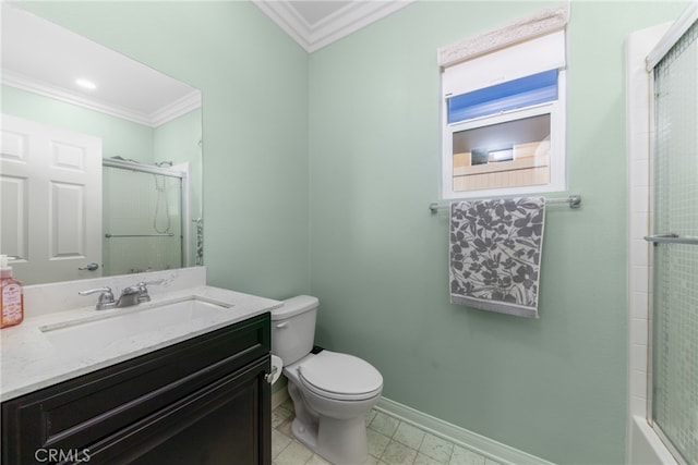 bathroom with vanity, a shower with shower door, tile patterned floors, crown molding, and toilet