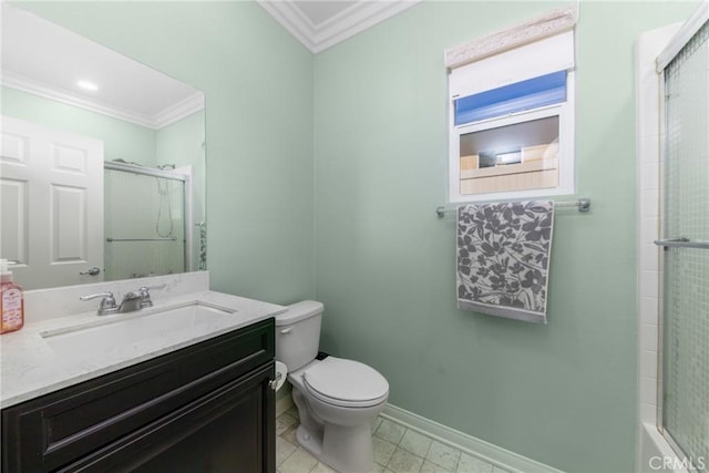 21047 Iron Rail Dr, Riverside, CA 92507 - bathroom with toilet, a shower with door, and ornamental molding