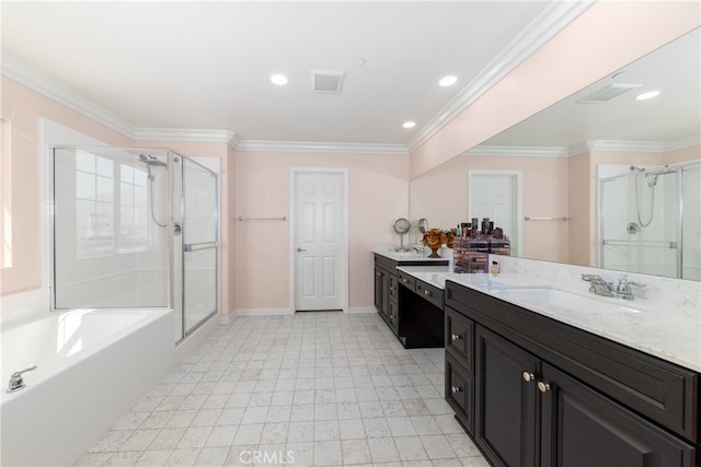 bathroom with independent shower and bath, vanity, and ornamental molding