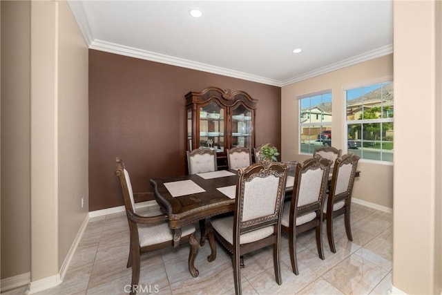 21047 Iron Rail Dr, Riverside, CA 92507 - dining room with crown molding, recessed lighting, baseboards, and light tile patterned flooring