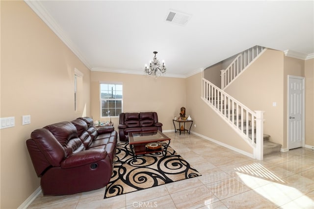 living room with ornamental molding and a chandelier