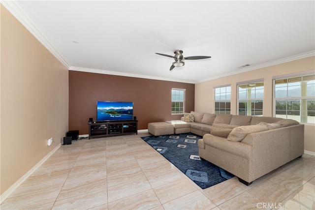 living room with ceiling fan, light tile patterned floors, and crown molding