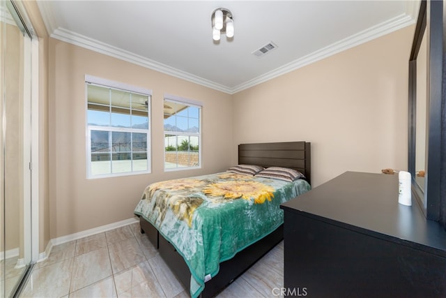 tiled bedroom with crown molding