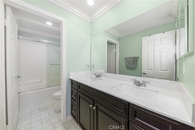 full bathroom featuring vanity, combined bath / shower with glass door, tile patterned flooring, ornamental molding, and toilet