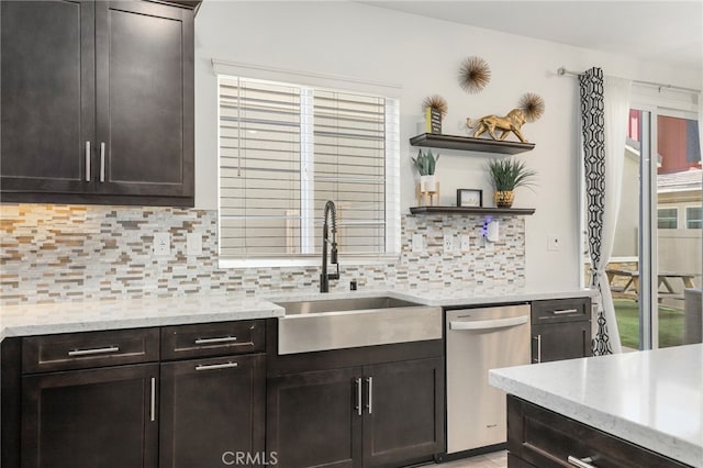 kitchen featuring tasteful backsplash, dark brown cabinetry, sink, and stainless steel dishwasher