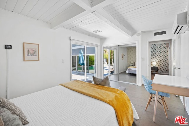 bedroom featuring access to outside, beamed ceiling, wood ceiling, and a wall mounted AC