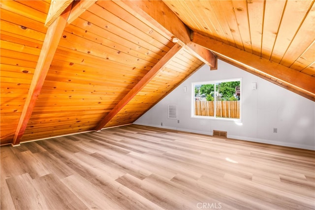 bonus room with lofted ceiling with beams, wood ceiling, and light hardwood / wood-style floors