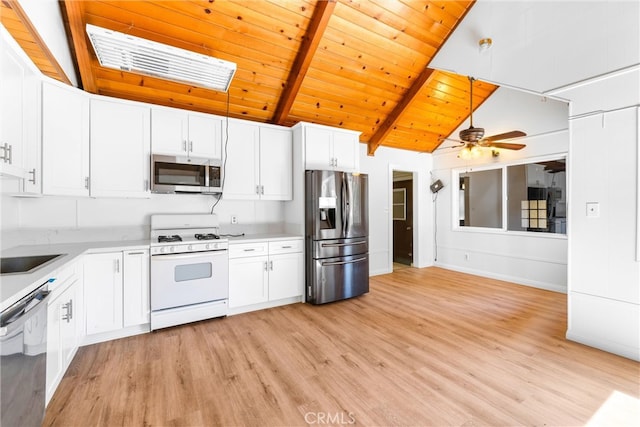 kitchen featuring lofted ceiling with beams, ceiling fan, stainless steel appliances, white cabinetry, and light hardwood / wood-style flooring