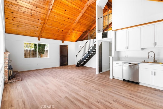 unfurnished living room featuring light hardwood / wood-style floors, beam ceiling, wood ceiling, sink, and a wood stove