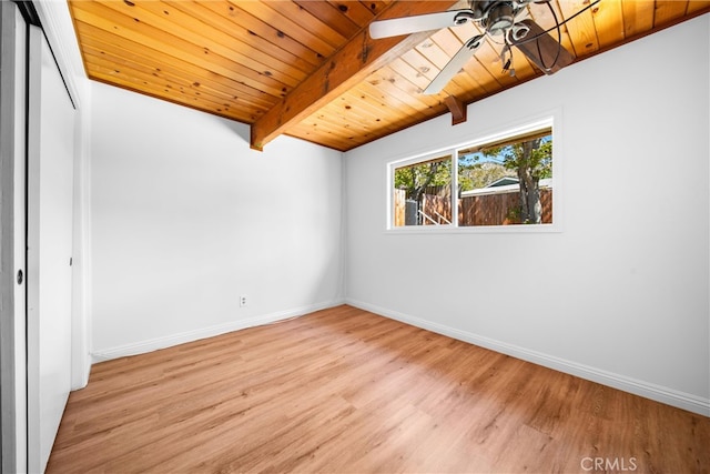 empty room featuring lofted ceiling with beams, light hardwood / wood-style floors, ceiling fan, and wood ceiling