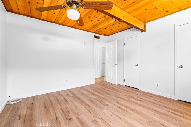 unfurnished bedroom with beamed ceiling, light hardwood / wood-style floors, and wooden ceiling