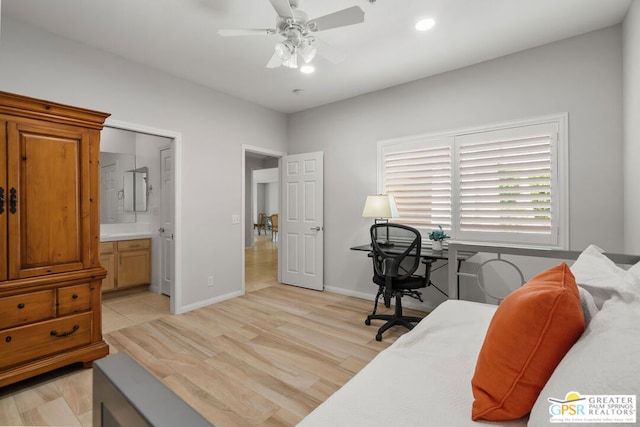 bedroom with connected bathroom, light hardwood / wood-style floors, and ceiling fan