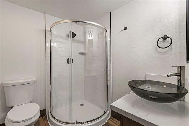 bathroom with vanity, wood-type flooring, a shower with door, and toilet