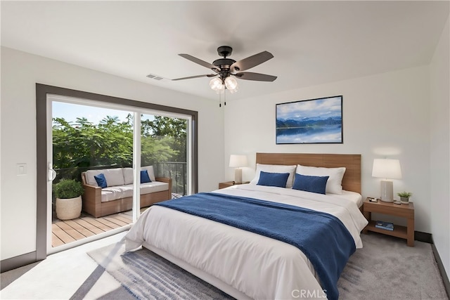 carpeted bedroom featuring ceiling fan and access to outside