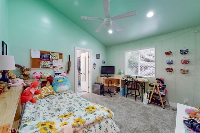 carpeted bedroom with vaulted ceiling and ceiling fan