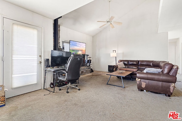 office area with ceiling fan, light carpet, and high vaulted ceiling