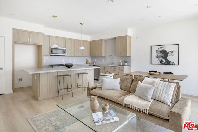 living room featuring sink and light hardwood / wood-style flooring