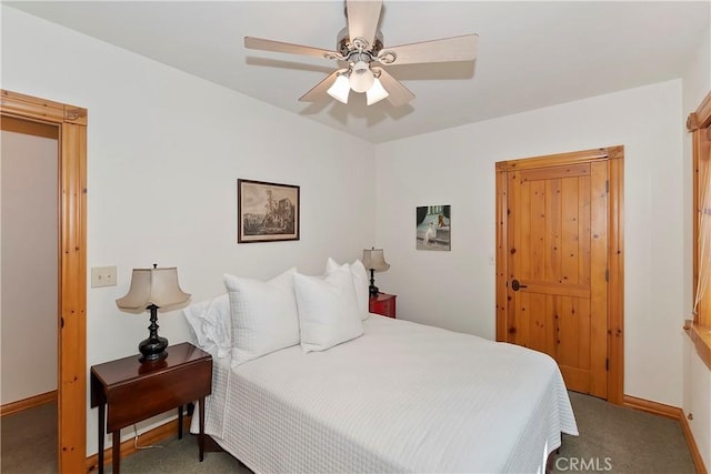 bedroom with ceiling fan and dark carpet