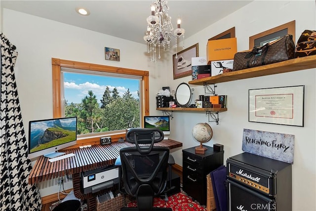 office space with a notable chandelier