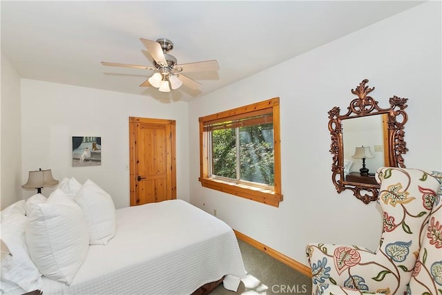 bedroom featuring ceiling fan and carpet floors