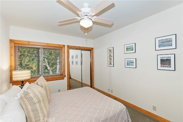 carpeted bedroom with ceiling fan and a closet