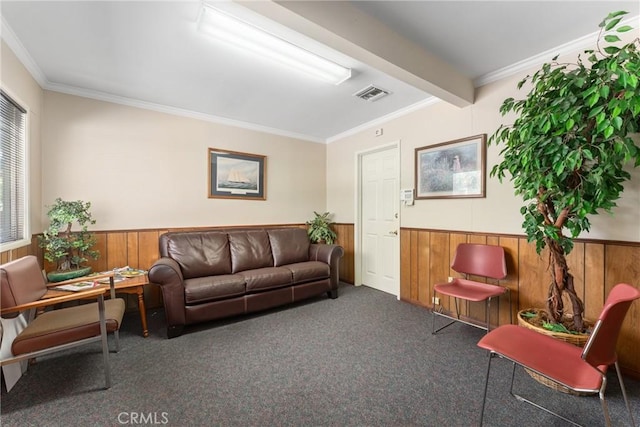 613 E Chapman Ave, Fullerton, CA 92831 - carpeted living area featuring wood walls, wainscoting, and crown molding