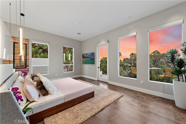 bedroom featuring access to outside and hardwood / wood-style floors