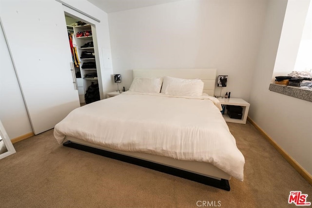 carpeted bedroom featuring a spacious closet and a closet