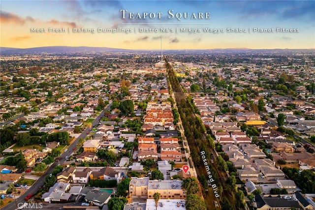 view of aerial view at dusk