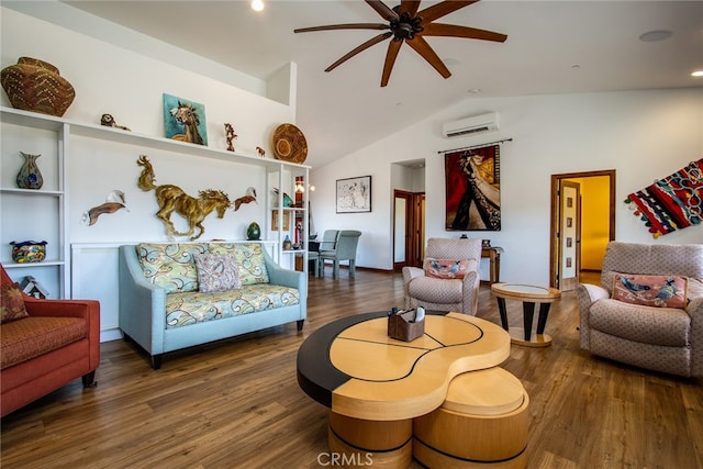 living room featuring lofted ceiling, dark hardwood / wood-style flooring, ceiling fan, and a wall mounted air conditioner