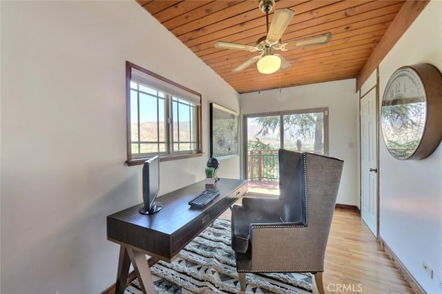 home office featuring ceiling fan, plenty of natural light, wood ceiling, and light hardwood / wood-style flooring