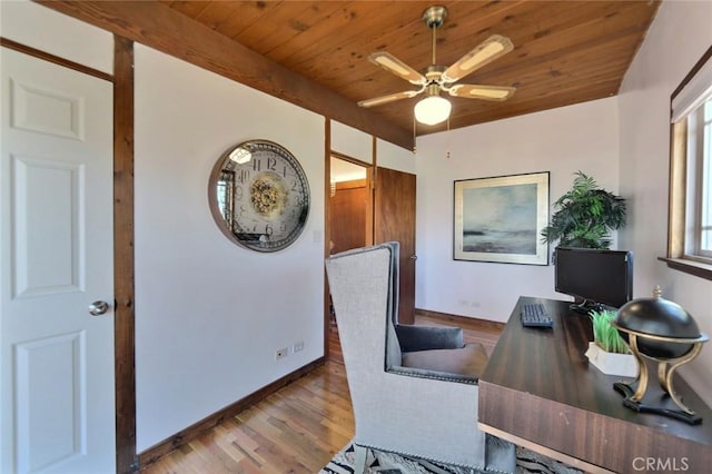 office space featuring ceiling fan, wooden ceiling, and light wood-type flooring