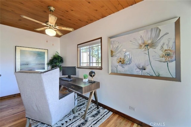 office space featuring ceiling fan, wooden ceiling, and hardwood / wood-style flooring