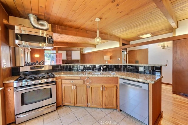 kitchen with sink, stainless steel appliances, kitchen peninsula, light tile patterned flooring, and wood ceiling