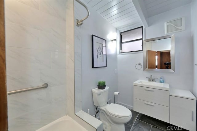 bathroom featuring vanity, wooden ceiling, tile patterned floors, vaulted ceiling, and toilet