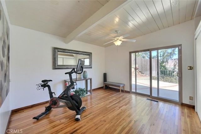 exercise room featuring light wood-type flooring, ceiling fan, and wood ceiling