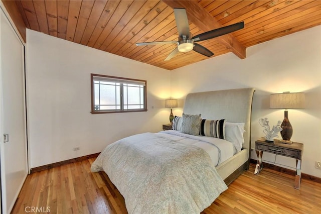 bedroom with ceiling fan, beamed ceiling, wood ceiling, and light wood-type flooring