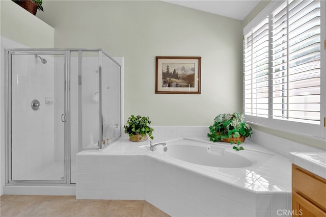 bathroom with shower with separate bathtub, vanity, and plenty of natural light