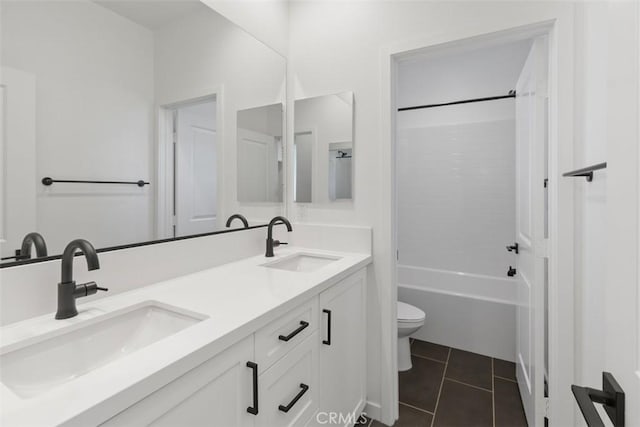 full bathroom featuring vanity, toilet, shower / bath combination, and tile patterned flooring