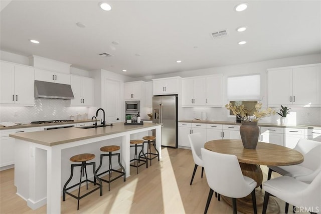 kitchen with an island with sink, sink, stainless steel appliances, and white cabinetry