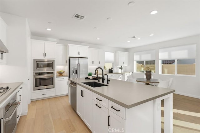 kitchen with white cabinetry, stainless steel appliances, sink, and a kitchen island with sink