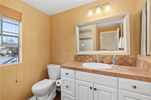 bathroom featuring vanity, toilet, and tasteful backsplash