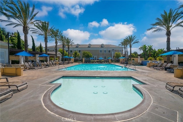 view of swimming pool with a patio area