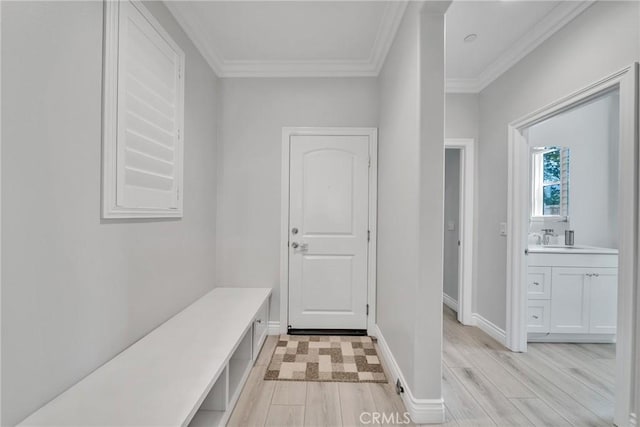 mudroom with sink, light wood-type flooring, and ornamental molding