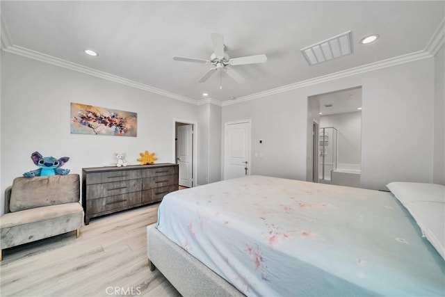 bedroom featuring ceiling fan, light hardwood / wood-style floors, and ornamental molding